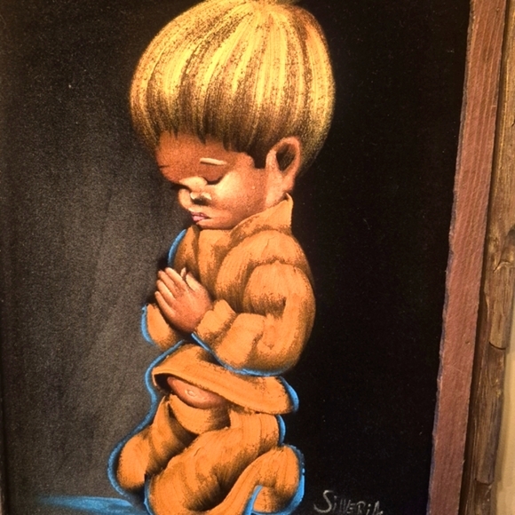 Vtg Black Velvet Boy & Girl-Childern Praying Paintings Pair Mexico Signed 24"x20 - Picture 11 of 12